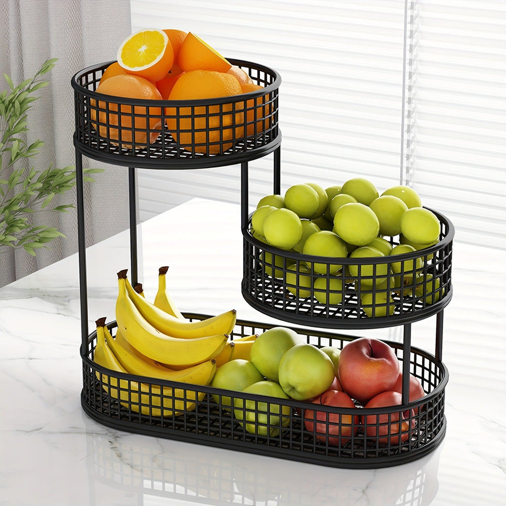Three-Tier Black Wire Fruit Basket with Staggered Round Bowls and Rectangular Countertop Base — image 2