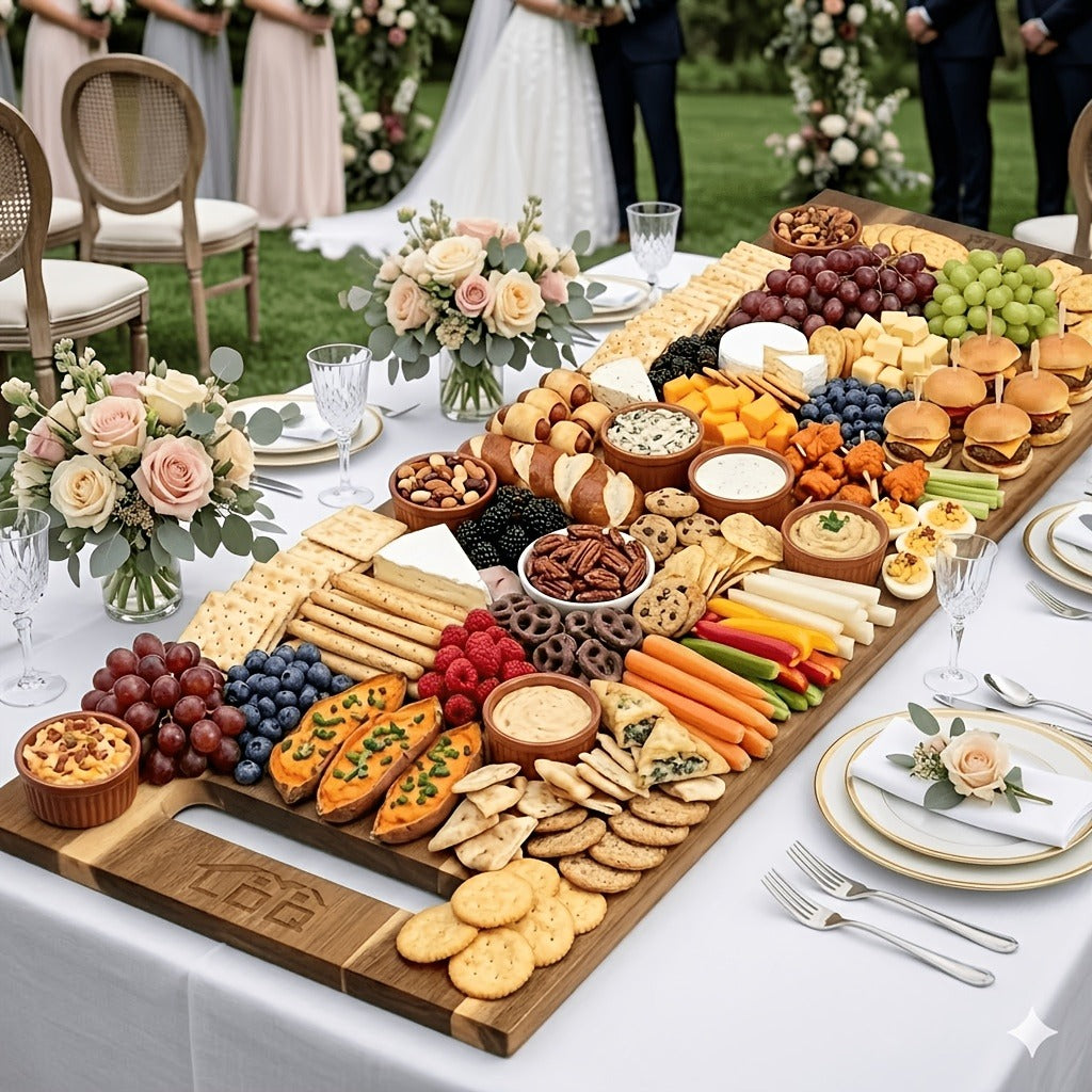 Extra-Long 36 x 11-Inch Wood-Color Charcuterie Board with Recessed Handles and Two Display Stands — image 2