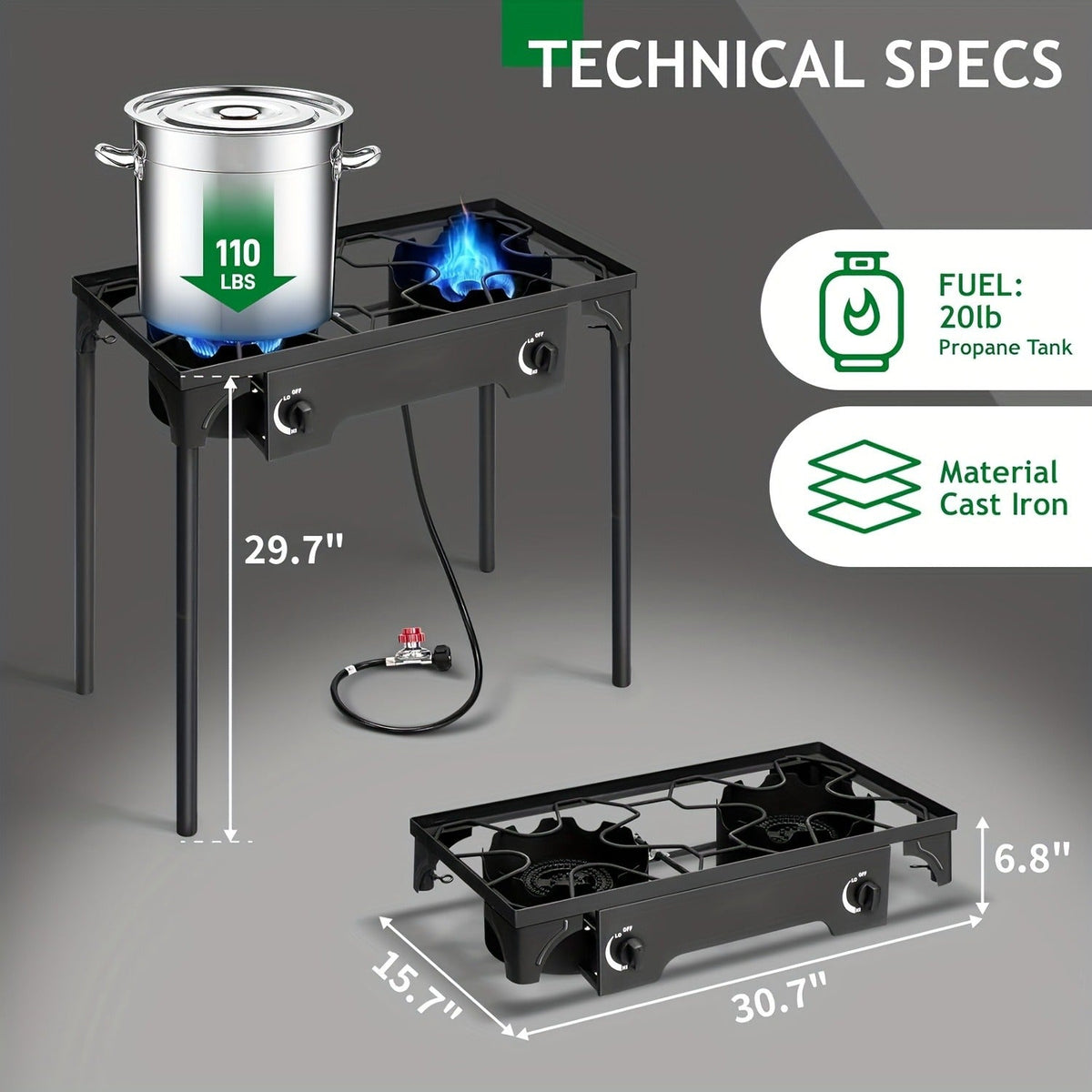 Outdoor Propane Burner Stand with One- or Three-Burner Layout, Removable Legs and 0–20 PSI Regulator Hose — image 3