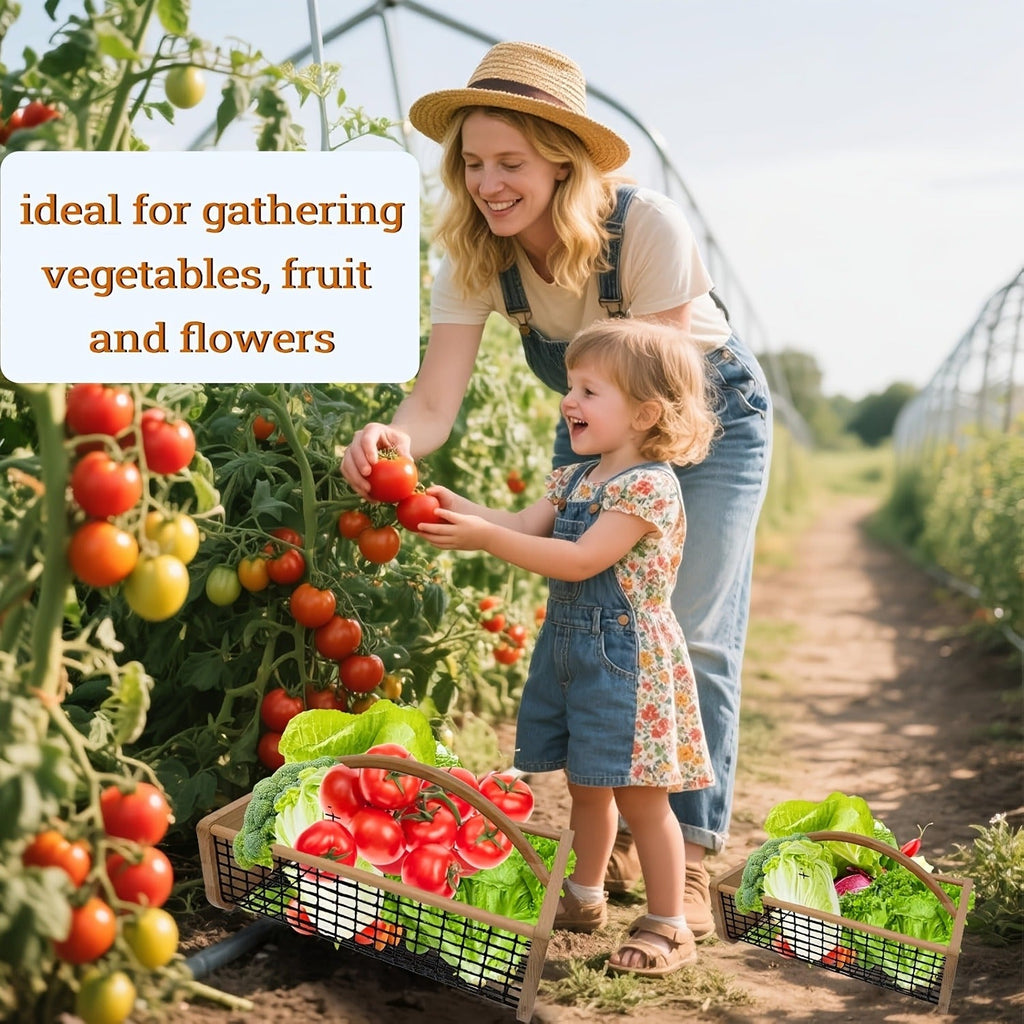 Garden Harvest Basket Metal Mesh with Wooden Handle – Rectangle Vegetable Fruit Picking Basket for Garden, Kitchen & Farmhous