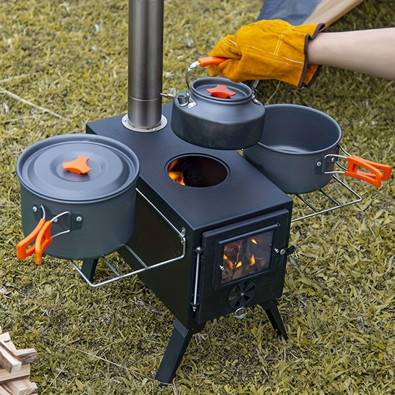 Portable Wood Stove with Chimney Pipe Set, Folding Legs, Side Shelves and Silver or Black Finish Options — image 3