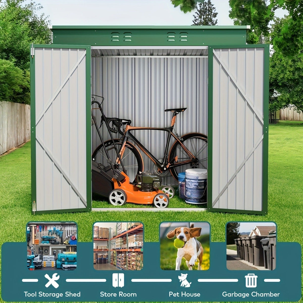 Metal Outdoor Storage Shed with Double or Single Doors in Grey, Green or Brown Checkout Models — image 2