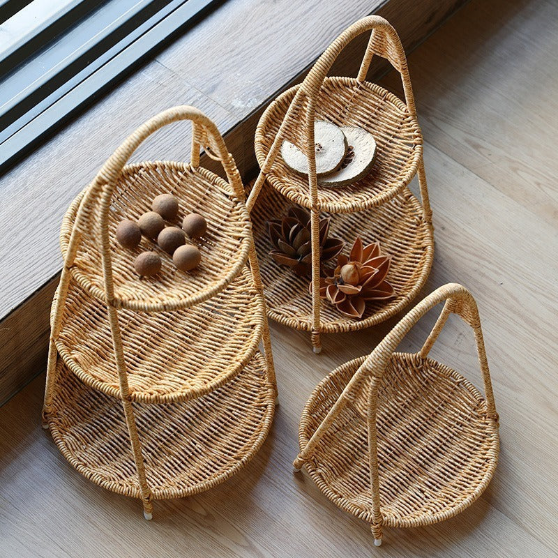 Round Tiered Serving Tray with Woven-Look Frame in Single- or Two-Layer Light Coffee Configurations — image 3