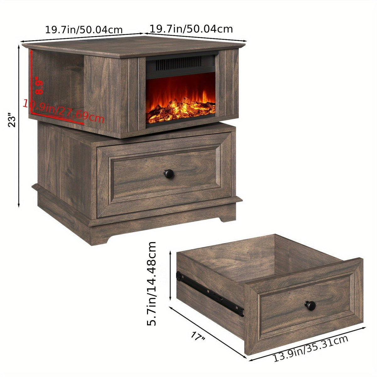 Electric Fireplace End Table Rotating 13-Inch Screen Side Table with Fast Charging Station Storage Shelf for Living Room Bedr