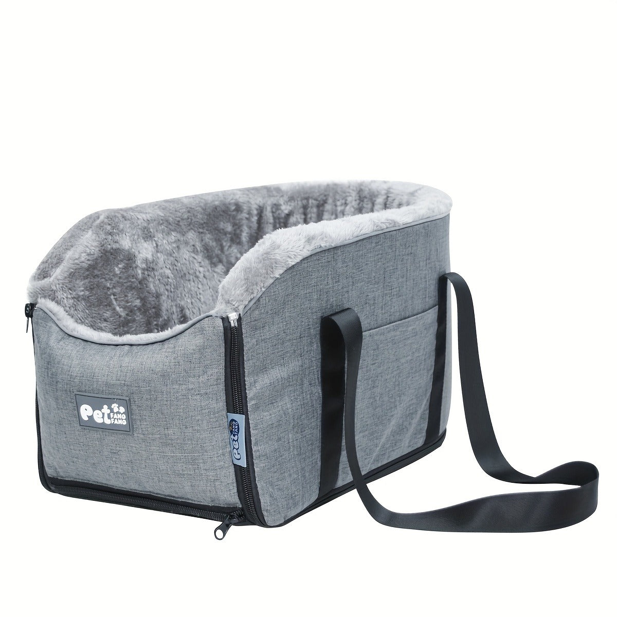 Open-Top Pet Carrier Car Seat Tote with Padded Rim, Attachment Straps, Interior Clip and Grey Fabric Exterior — image 10