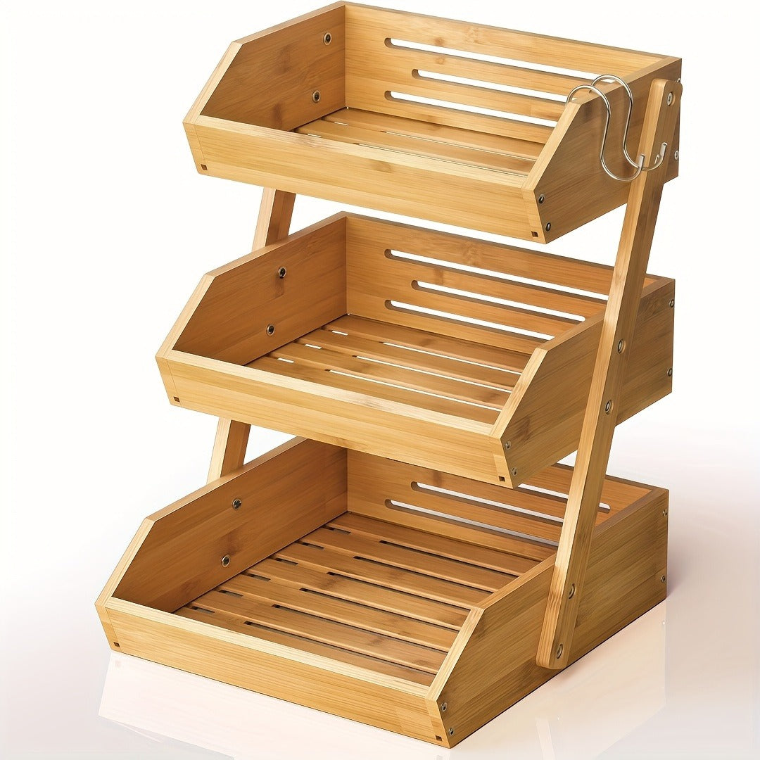 Fruit Basket Stand 2 & 3 Tier Wooden Countertop Organizer Large Capacity Kitchen Storage for Fruits Vegetables Bread Produce 