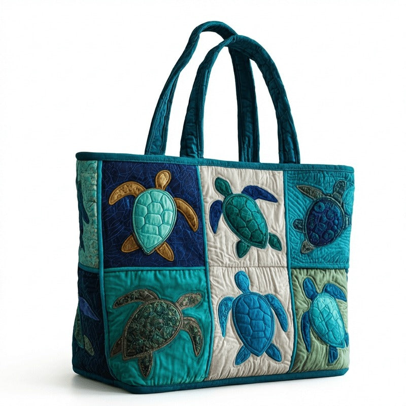 Sea Turtle Patchwork Tote Bag with Quilted Panels, Teal Handles and 17 x 15.75-Inch Checkout Size — image 2