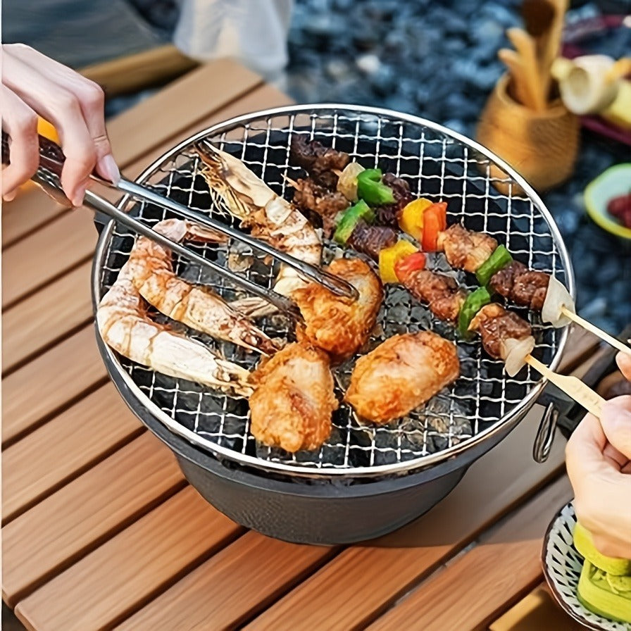 10.6-Inch Round Charcoal Grill Set with Cast-Iron Body, Cooking Grid, Wooden Base and Tongs — image 2