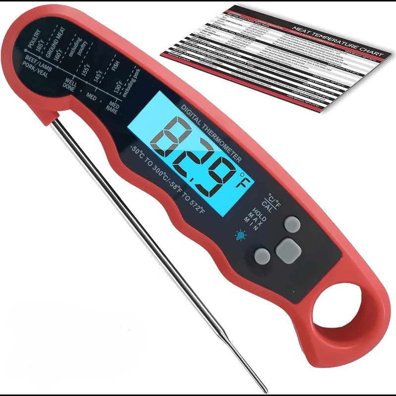 Red and Black Folding Digital Food Thermometer with Backlit Display, Calibration Mode, Unit Switch and Hanging Loop — image 1