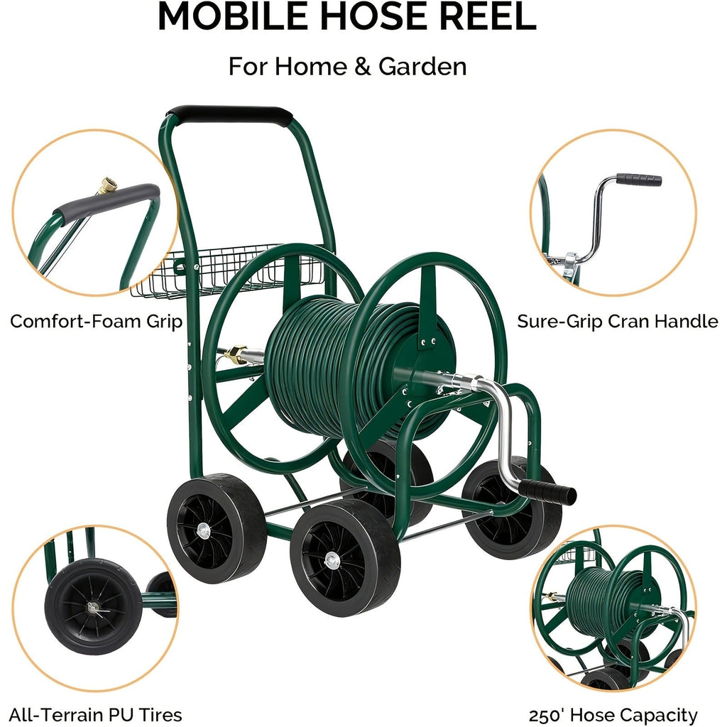Garden Hose Reel Cart | 250ft Capacity, Heavy-Duty Steel, 4 Wheels & Storage Basket — image 2