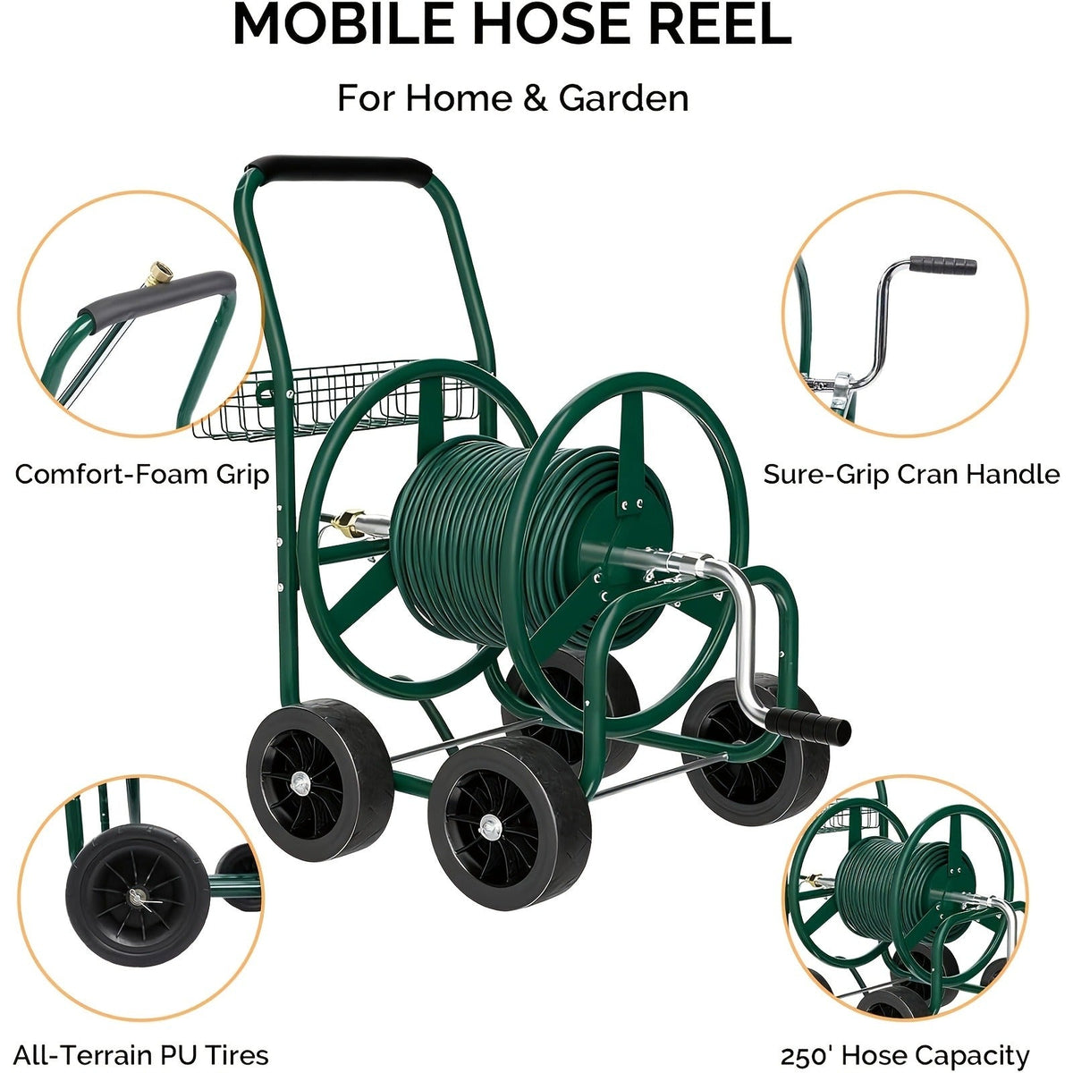 Garden Hose Reel Cart | 250ft Capacity, Heavy-Duty Steel, 4 Wheels & Storage Basket — image 2