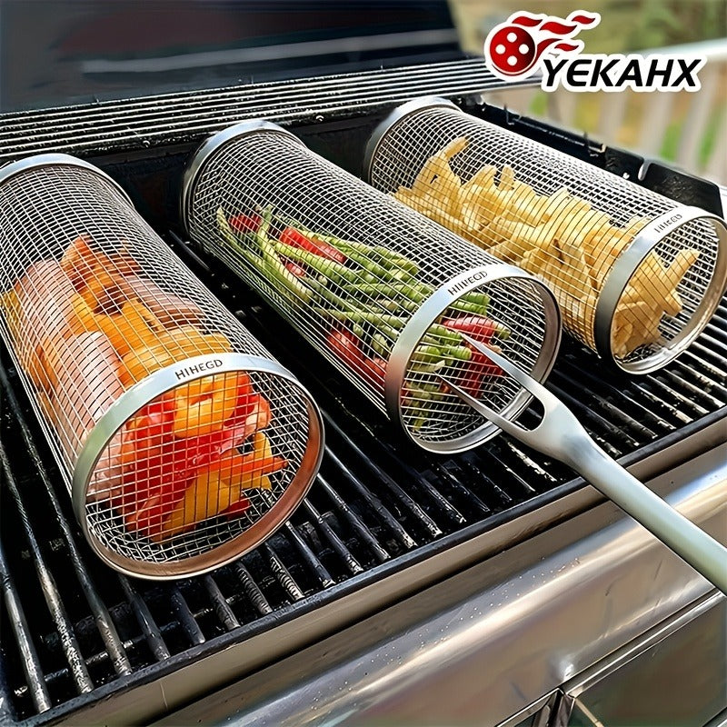 Rolling Grill Basket Stainless Steel 2-Pack, Cylinder BBQ Basket with Hook & Fork for Vegetables — image 2