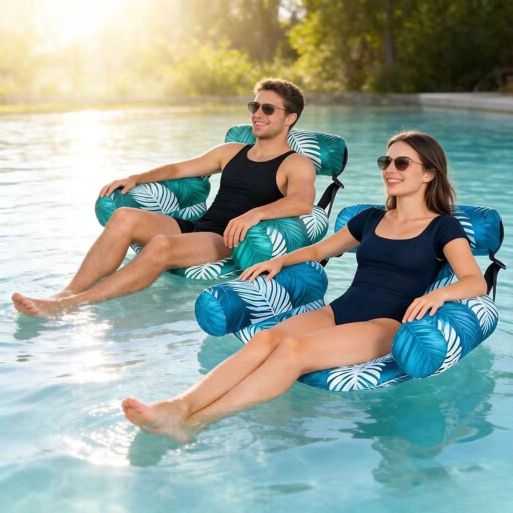Two-Piece Leaf Print Inflatable Pool Lounge Chair Set with Backrests, Armrests and Open Seat Panels — image 2