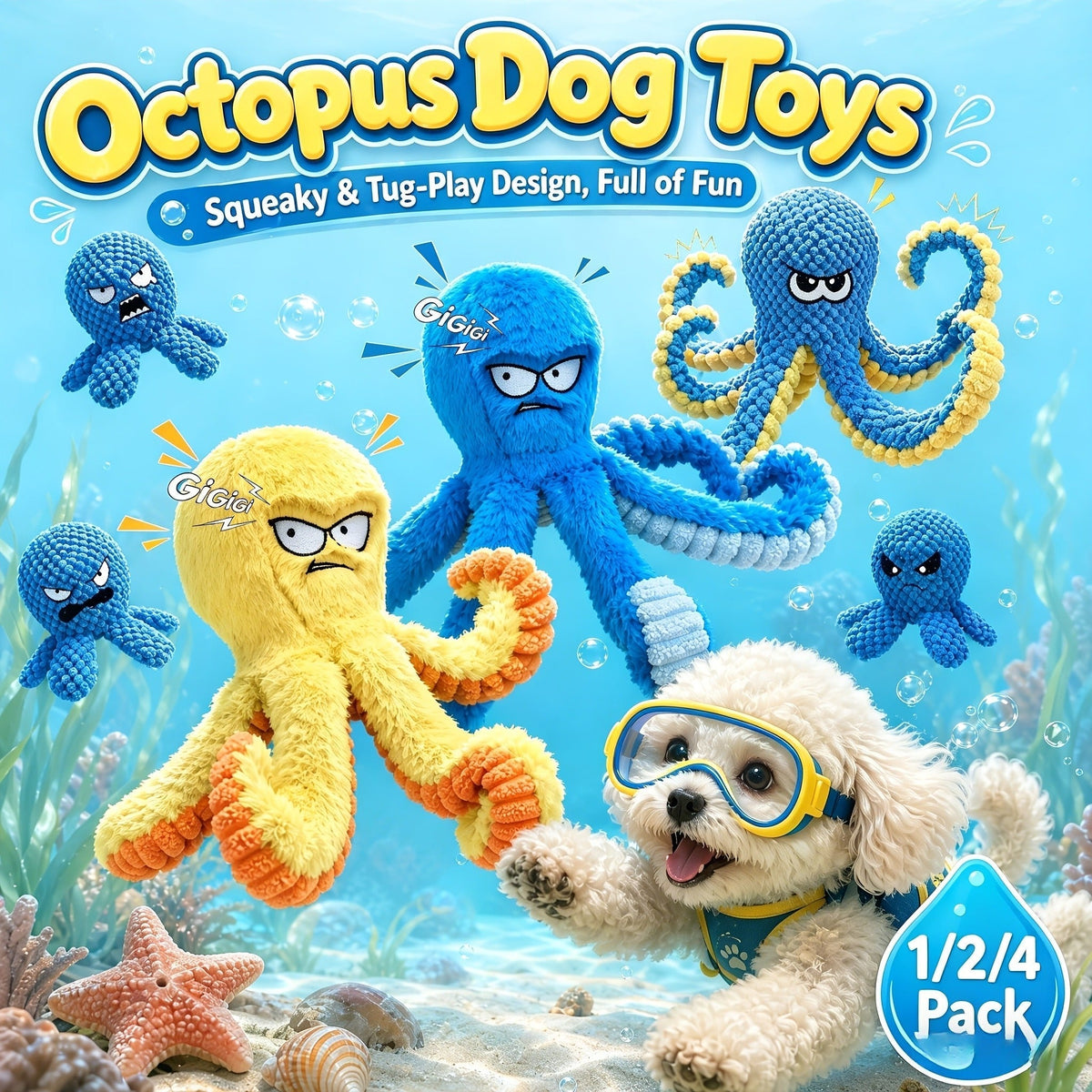 Dog Toy Octopus Plush with Built-In Squeaker and Crinkle Texture in Blue or Yellow with 1, 2 or 4-Pack Options — image 12