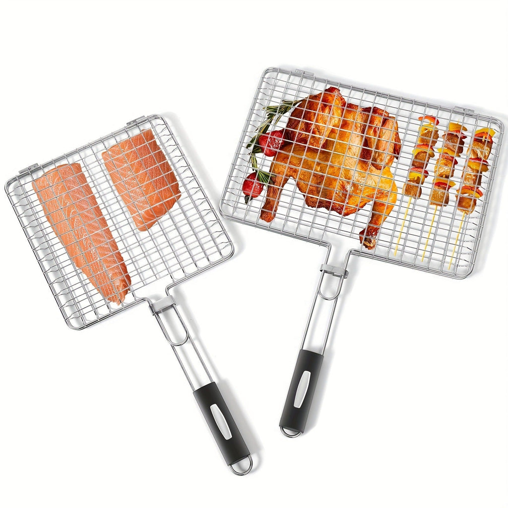 Grill Basket Stainless Steel Folding BBQ Grilling Basket for Fish Chicken Vegetables Shrimp Portable Outdoor Camping Barbecue