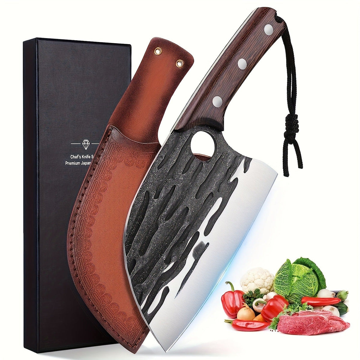 Meat Cleaver Hand Forged Serbian Chef Knife – High Carbon Steel Butcher Knife Full Tang with Leather Sheath | Razor Sharp Cho