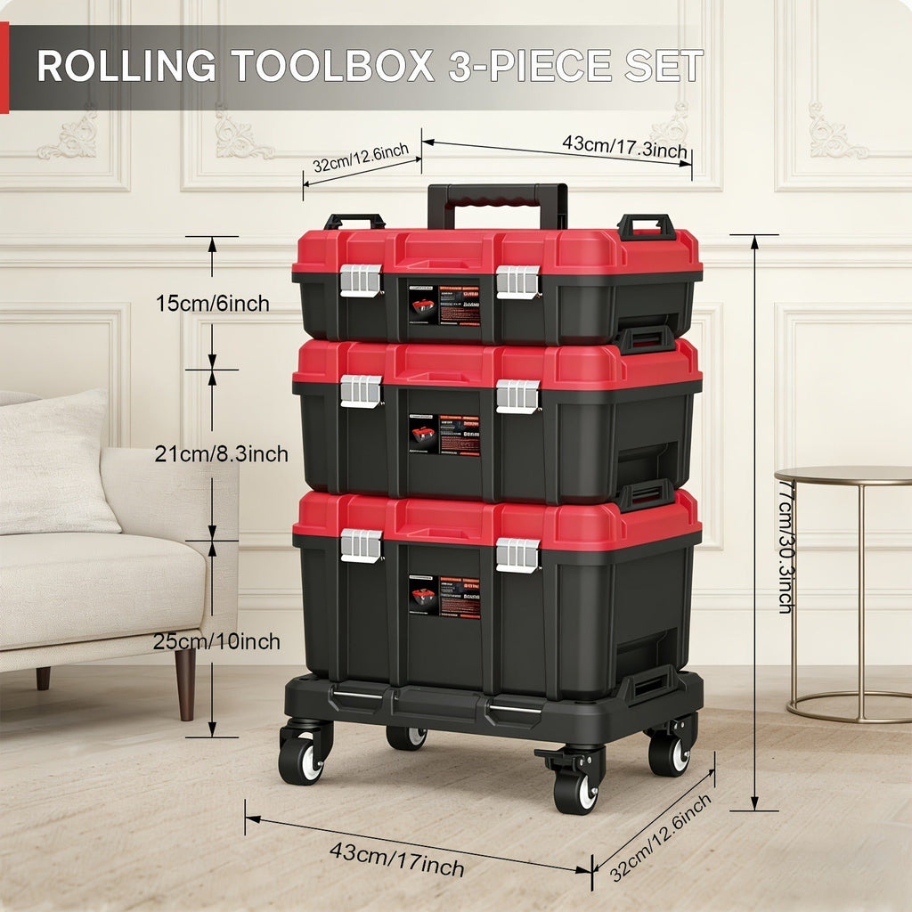 Rolling Tool Box with Wheels 3-Tier Stackable Organizer | Lockable Compartments, Connected Storage, 17" Large Plastic Toolbox