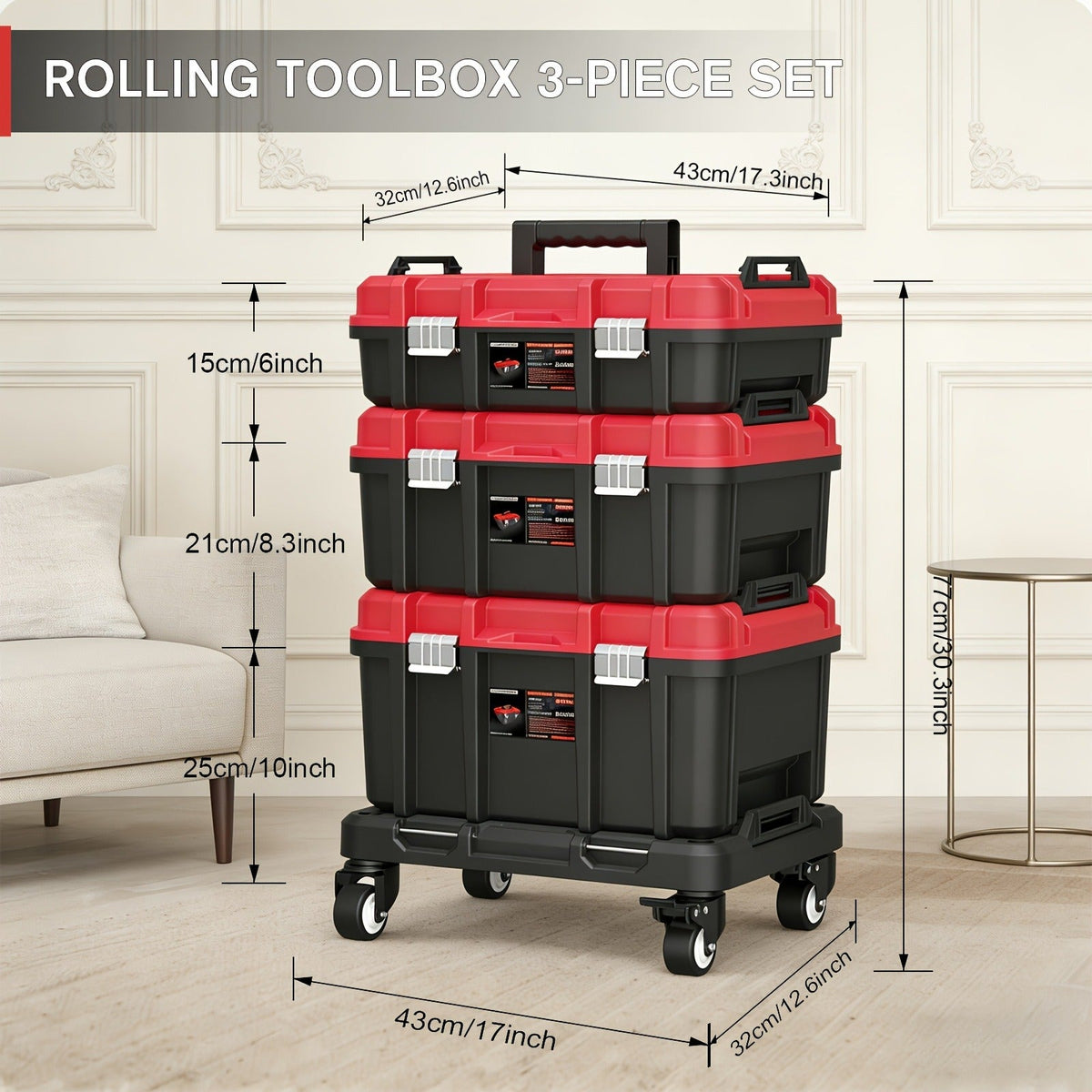 Rolling Tool Box with Wheels 3-Tier Stackable Organizer | Lockable Compartments, Connected Storage, 17" Large Plastic Toolbox