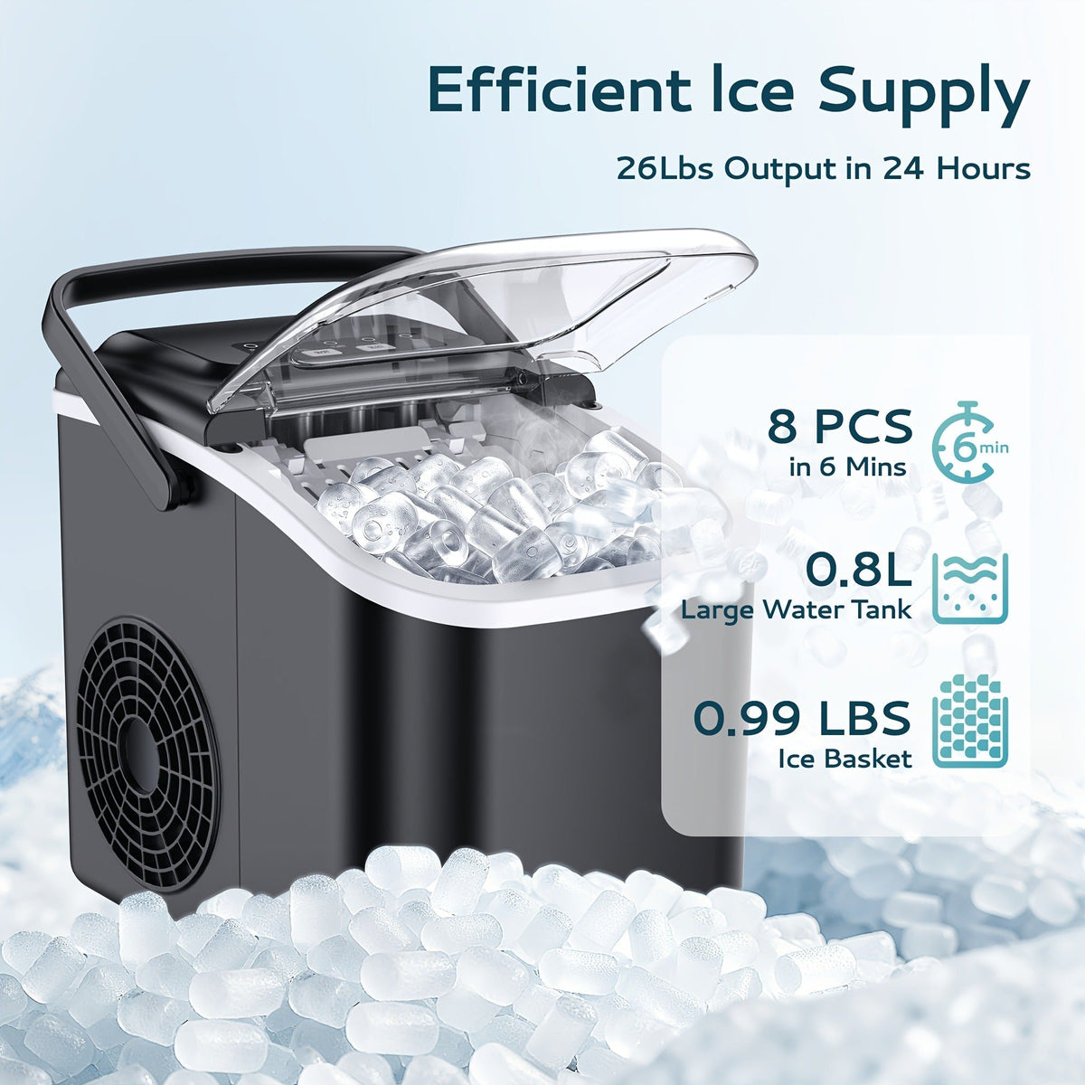 Countertop Bullet Ice Maker with 26-29 lb Daily Labels, 8 Cubes per 6 Minutes and Three Colors — image 4