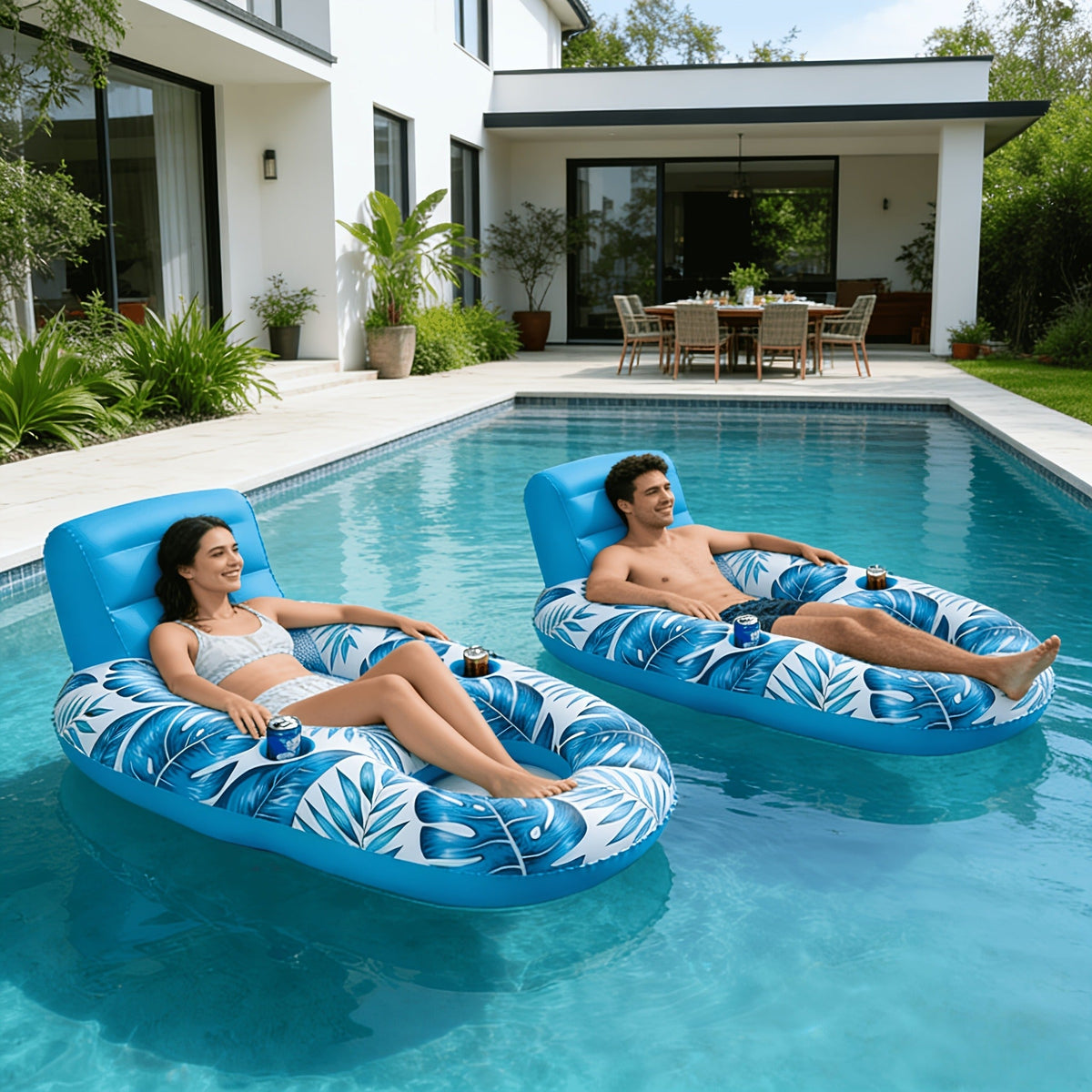 Two-Piece Inflatable Pool Lounge Float Set, 59.1 x 36.2 Inches Each with Backrests and Dual Cup Holders — image 2