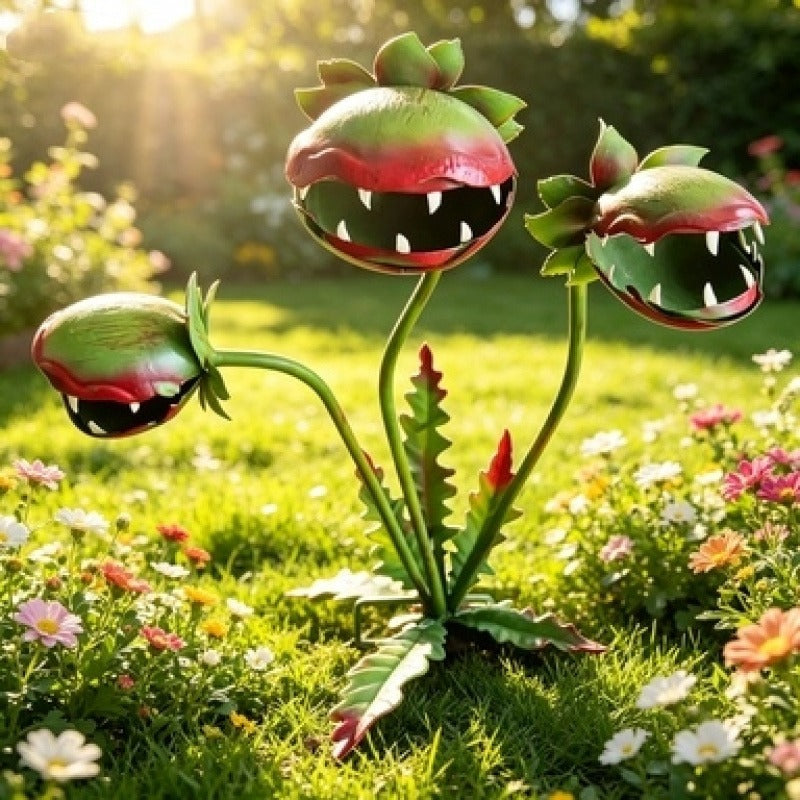 3D Metal Garden Sculpture Plaque – Scary Three-Head Flower Eating Monster Outdoor Lawn Decoration — image 2