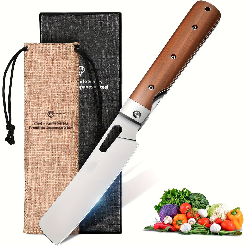 Folding Nakiri Kitchen Knife with 440C Stainless Steel Label, Wood-Look Handle, Drawstring Pouch and Box — image 2
