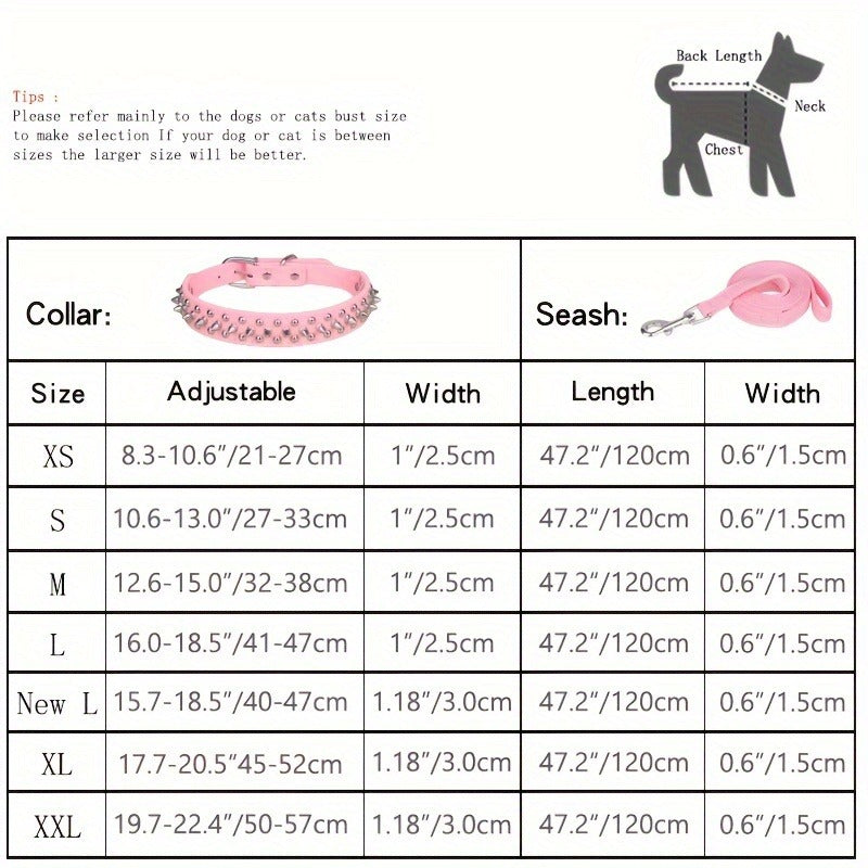 Rivet-Studded Dog Collar and Matching Leash Set with Metal Buckle, Five Colors and XS–XXL Sizing — image 10