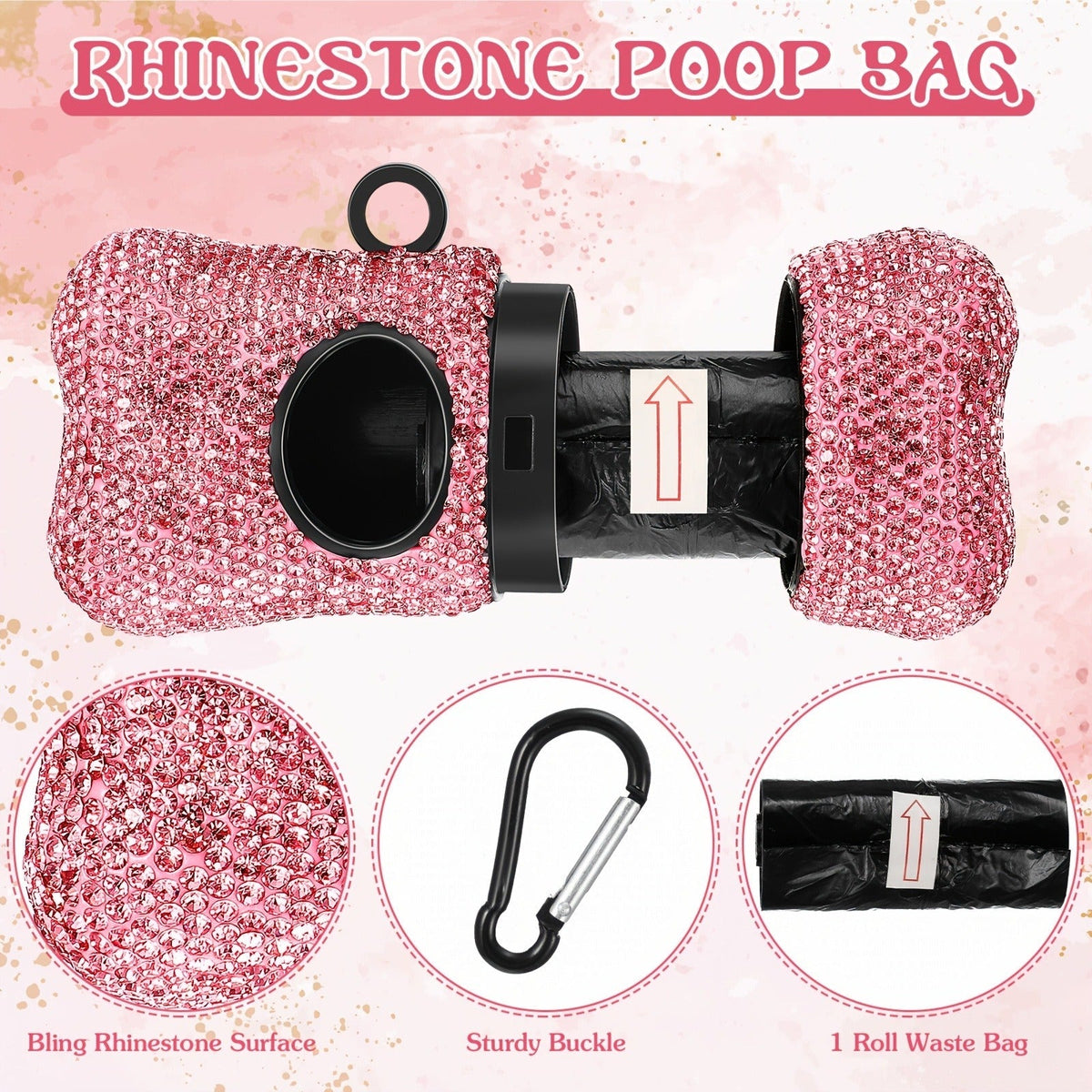 Pink Rhinestone Retractable Dog Leash with Bone-Shaped Waste Bag Dispenser, Metal Clip and One Roll — image 3