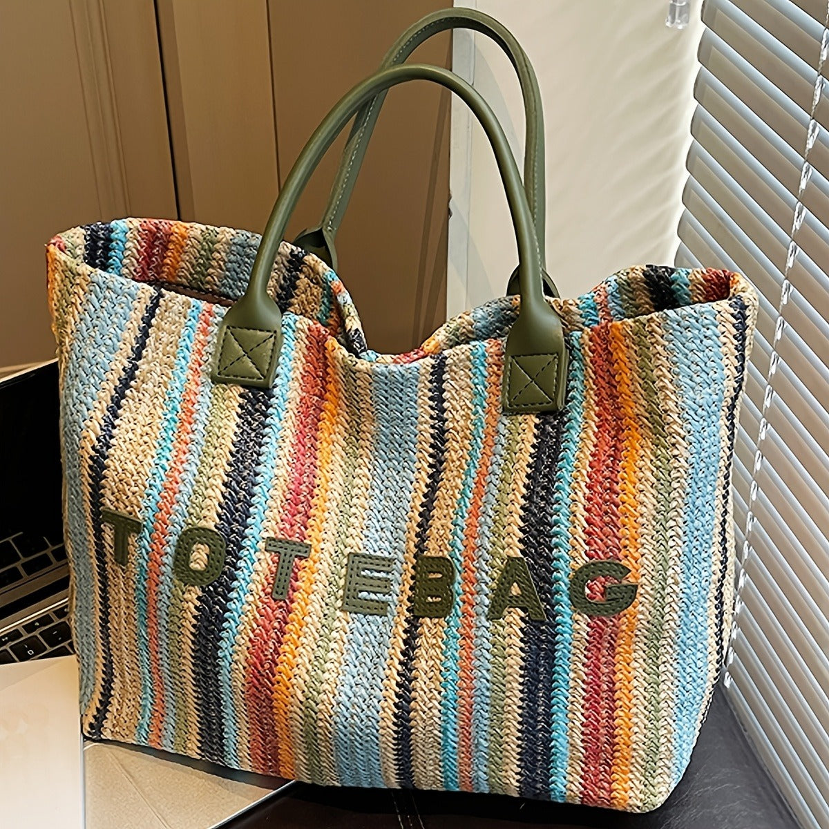 Straw Tote Bag for Women Large Capacity Bohemian Hand-Woven Striped Beach Bag Summer Vacation Shoulder Bag Colorful Letter Pa