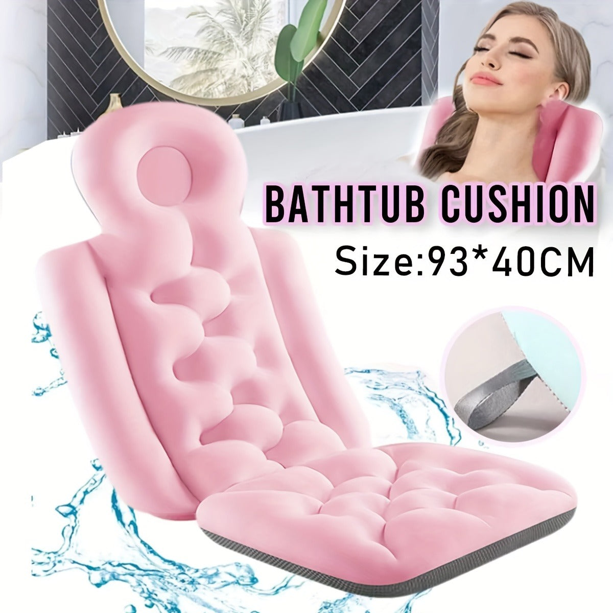 Pink Full-Body Bathtub Cushion in 93 × 40 cm Size with Contoured Headrest and Hanging Loop — image 1