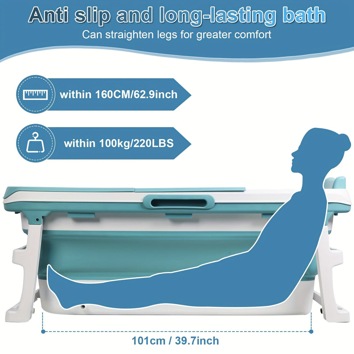 Rectangular Collapsible Adult Soaking Tub in Blue with Rigid Folding Frame, Thermal Cover and Drain Hose — image 2