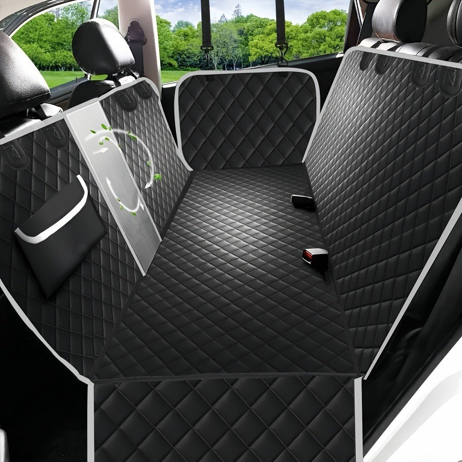 Gray Black Quilted Dog Car Back Seat Hammock with Mesh Window, Storage Pockets and 54 x 58 Inch Fit — image 1