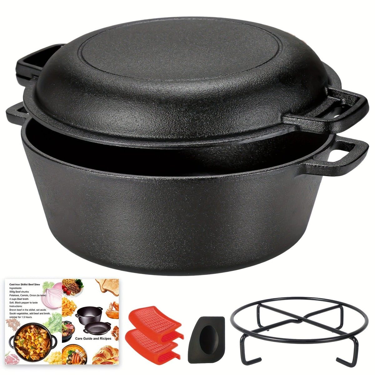 Pre-Seasoned-Labeled Cast Iron Dutch Oven with Reversible Skillet Lid, Trivet, Handle Covers and Scraper — image 2