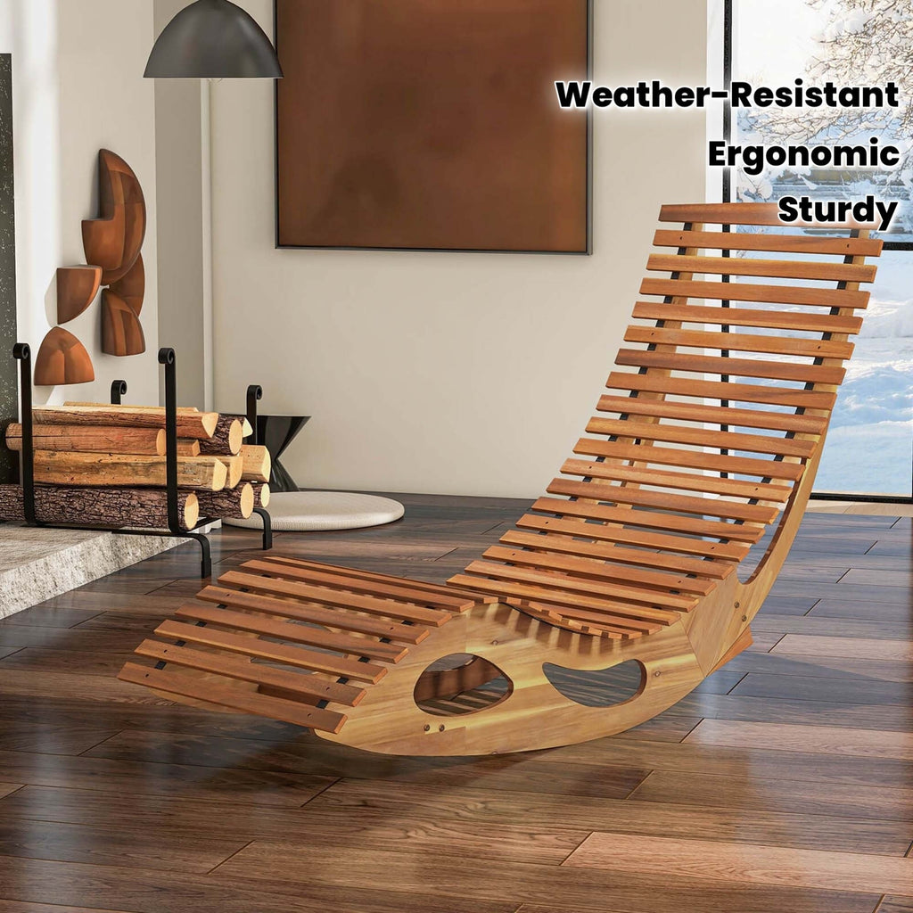 Acacia Wood Rocking Chaise Lounge Outdoor High Back Slatted Seat Stopper Patio Rocker for Deck Poolside Garden — image 1