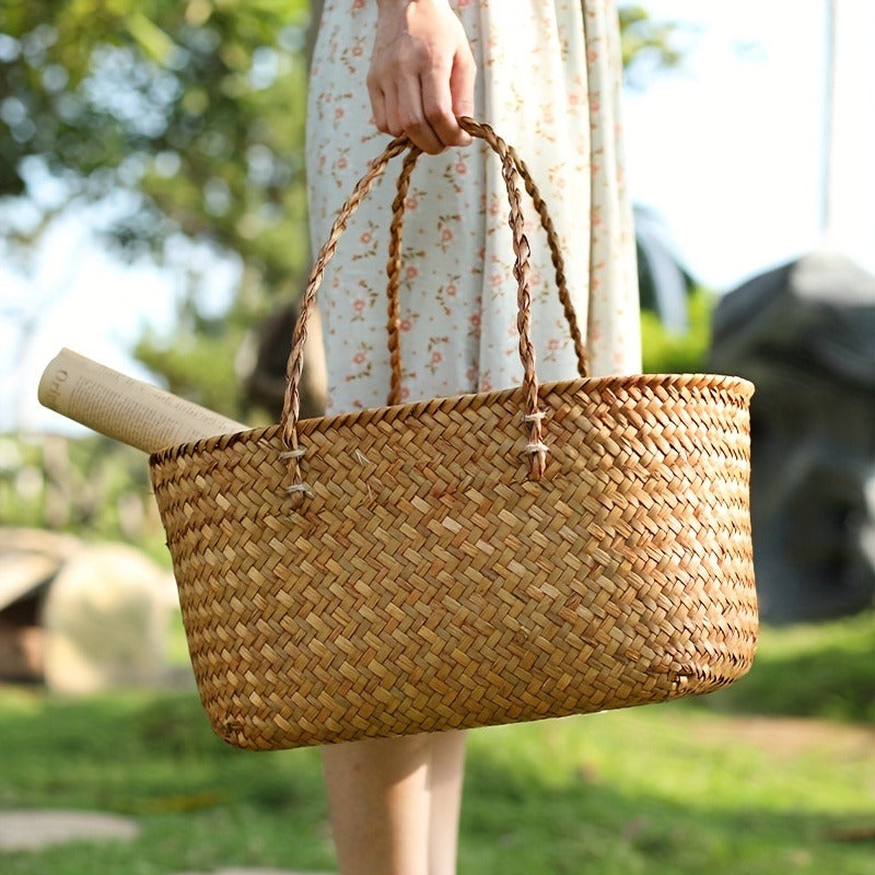 Large Woven Straw Picnic Tote Basket with Long Handles, Open Top Natural-Color Outdoor Carry Design — image 2