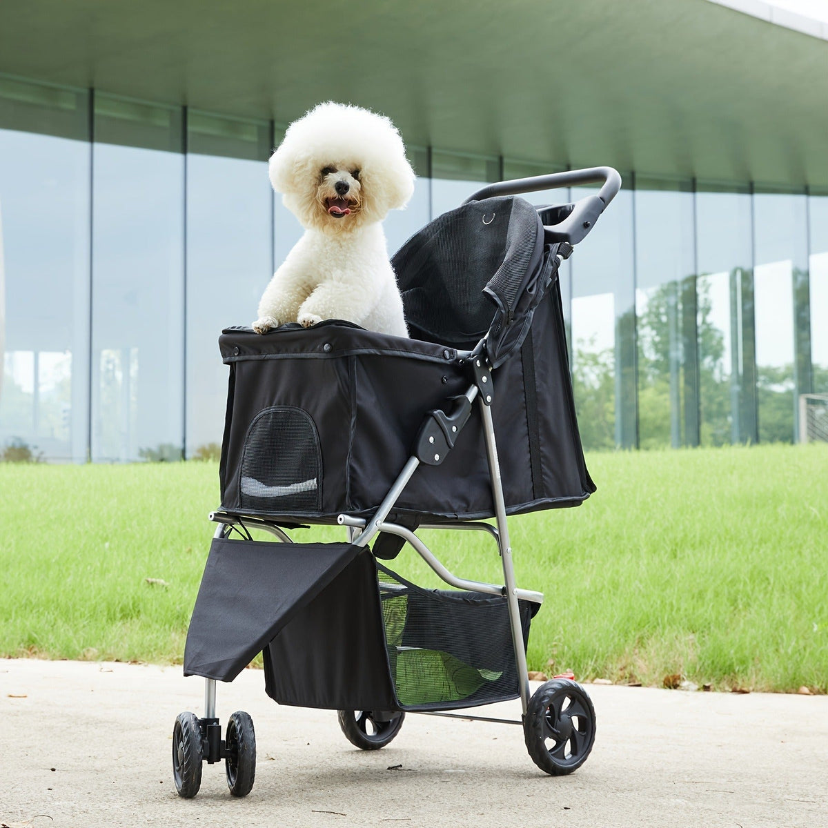 Black Three-Wheel Pet Stroller with Mesh Cabin, Front Cover, Cup Tray and Lower Storage Basket — image 10