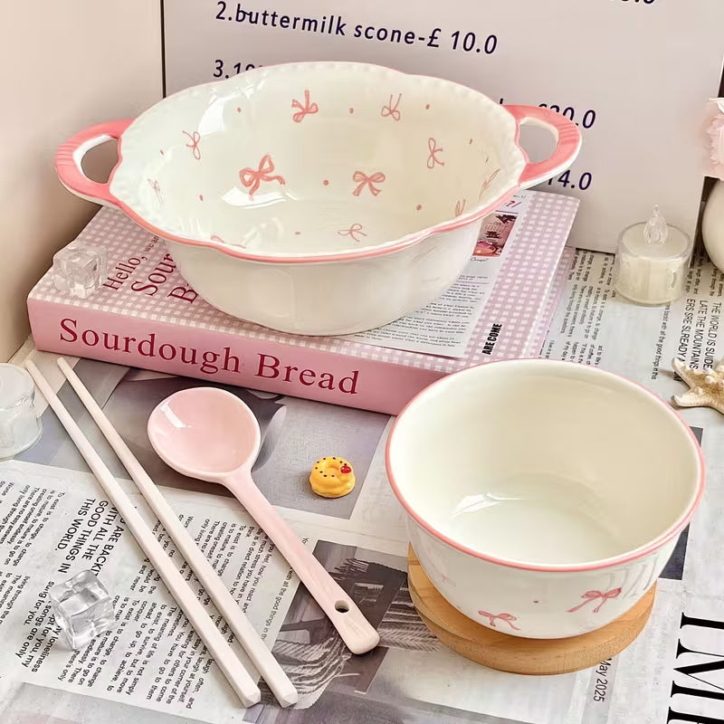Large Ceramic Soup Bowl with Double Handles and Bowknot