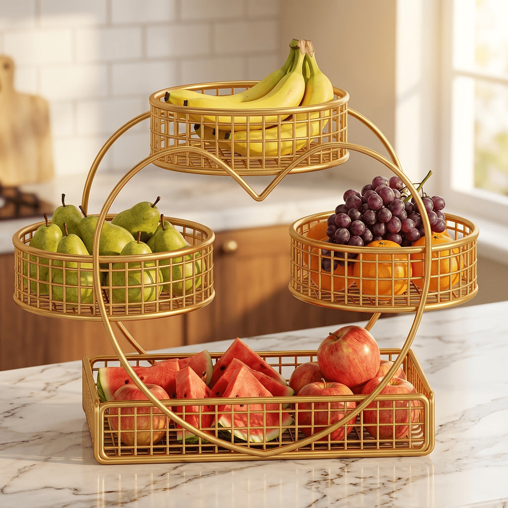 Three-Tier Gold-Tone Wire Fruit Basket with Three Round Bowls and Rectangular Countertop Base — image 2