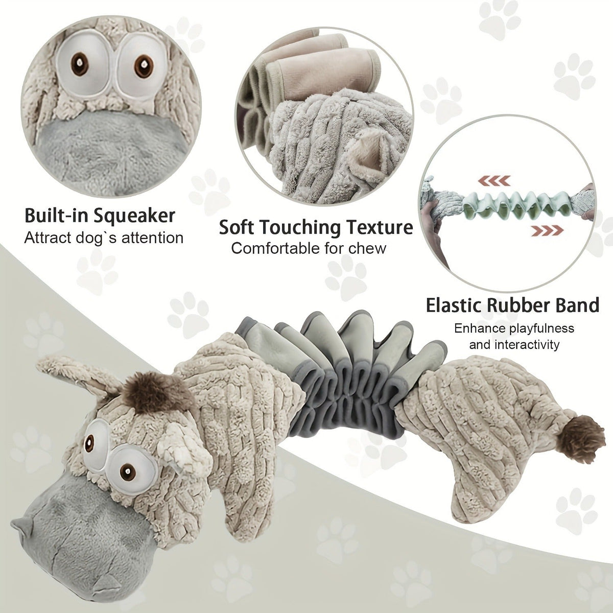 Dog Toy Stretch Donkey Plush Squeaker with Elastic Body, Textured Surface and Rope Ends in Gray White — image 2