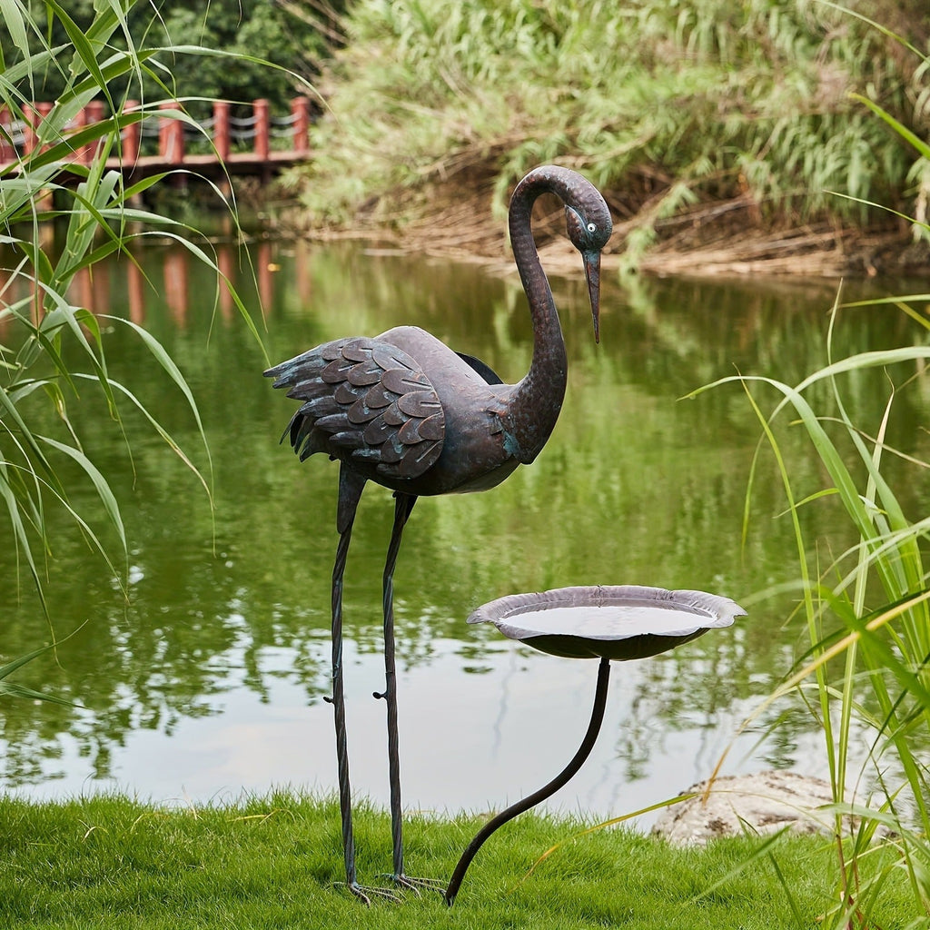 36-Inch Crane Sculpture Bird Bath Set with Separate 12.6-Inch Basin and Garden Stakes for Yard Decor — image 2