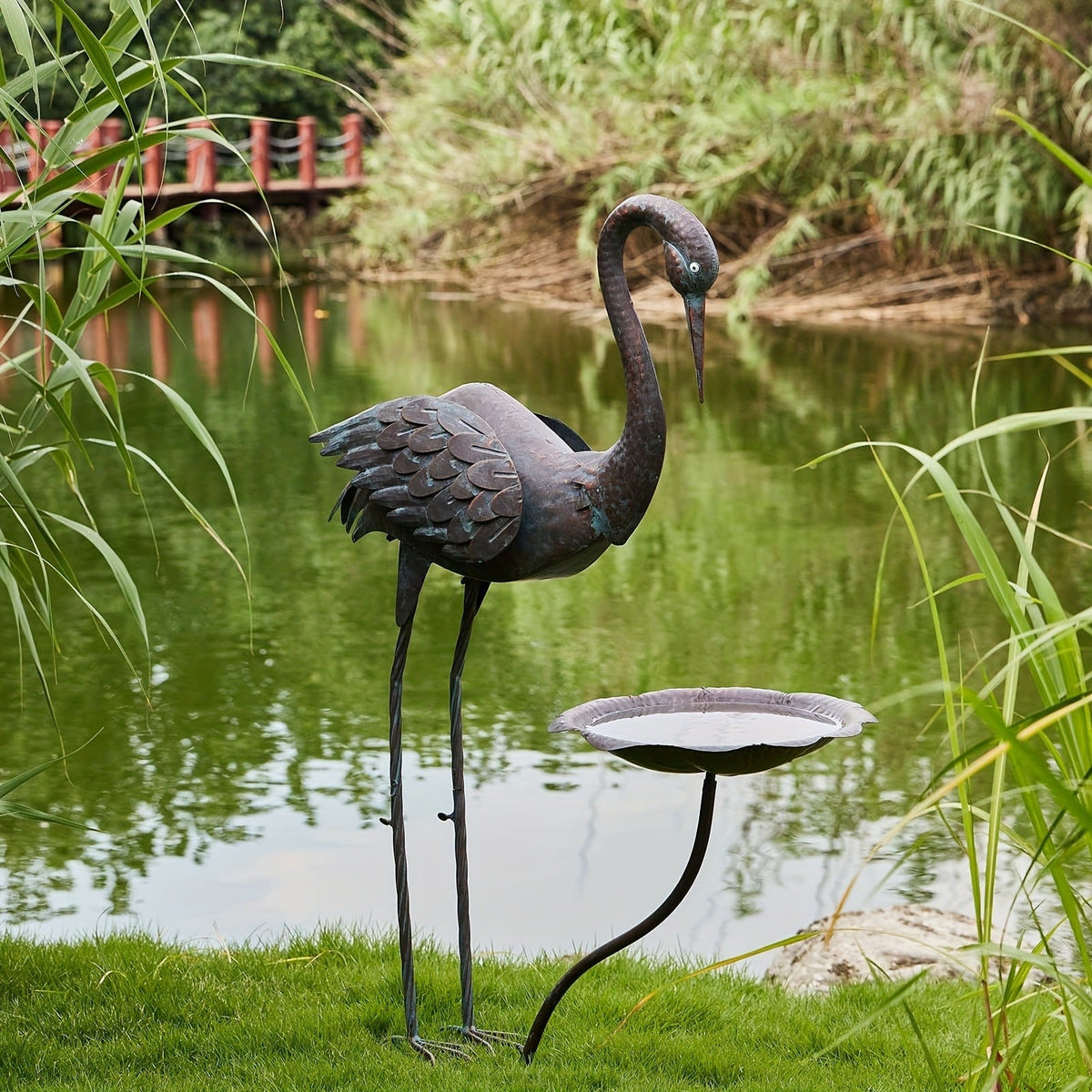 36-Inch Crane Sculpture Bird Bath Set with Separate 12.6-Inch Basin and Garden Stakes for Yard Decor — image 2
