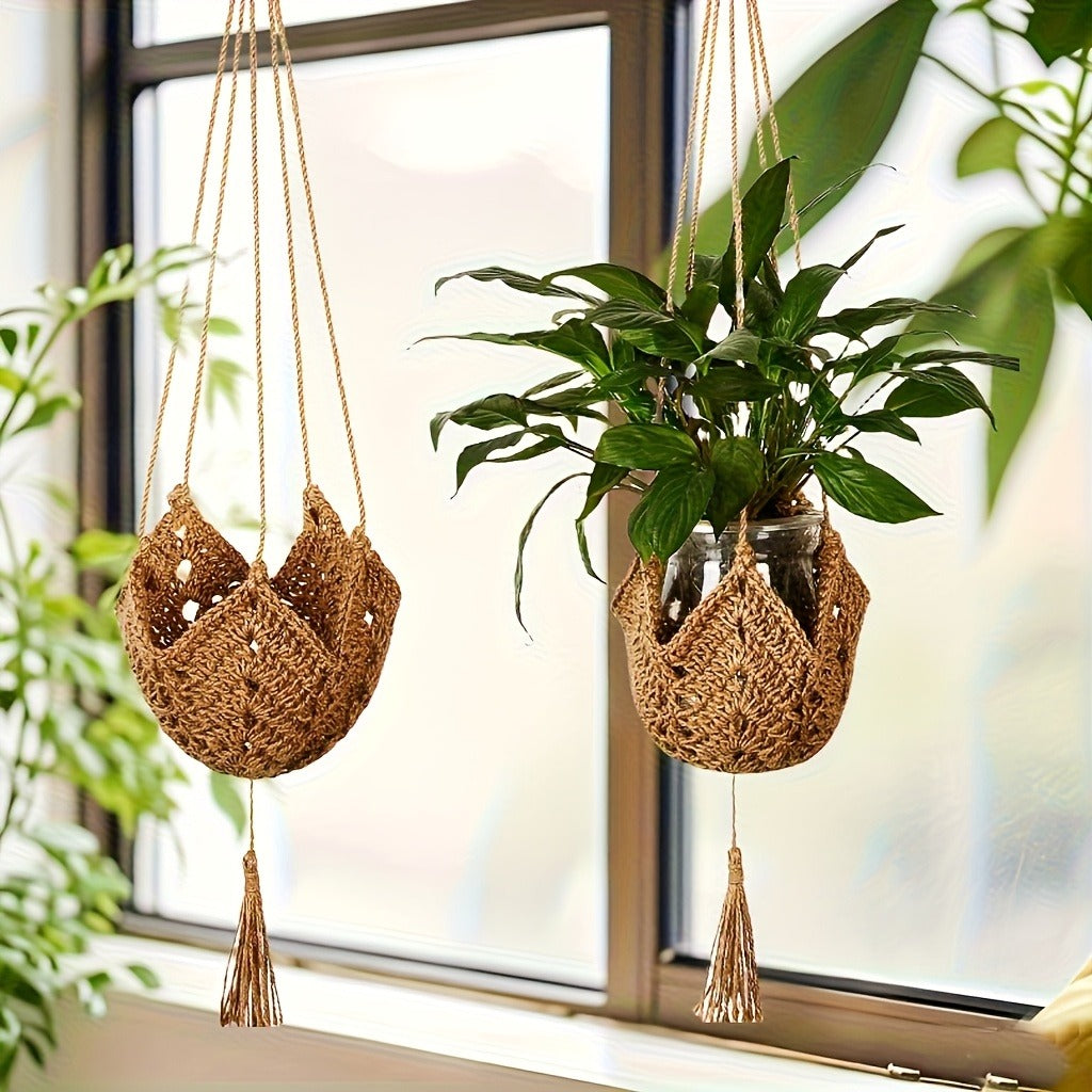 Macrame Plant Hanger with Tassels, Bohemian Cotton Rope Crochet Wall Basket, Indoor Outdoor Hanging Planter with Hooks, Boho 