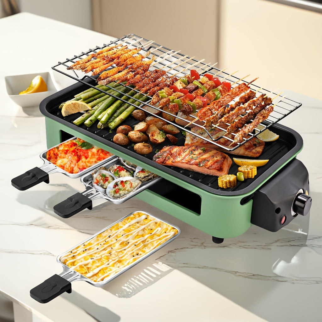 Indoor Smokeless Electric Grill 1500W Non-Stick Raclette Table Grill with Removable Plate & 3 Mini Pans Compact BBQ Griddle —