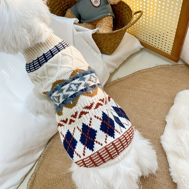 Cable-Knit Dog Turtleneck Sweater with Fair Isle Pattern, Beige or Blue and Five XS–XL Sizes — image 10