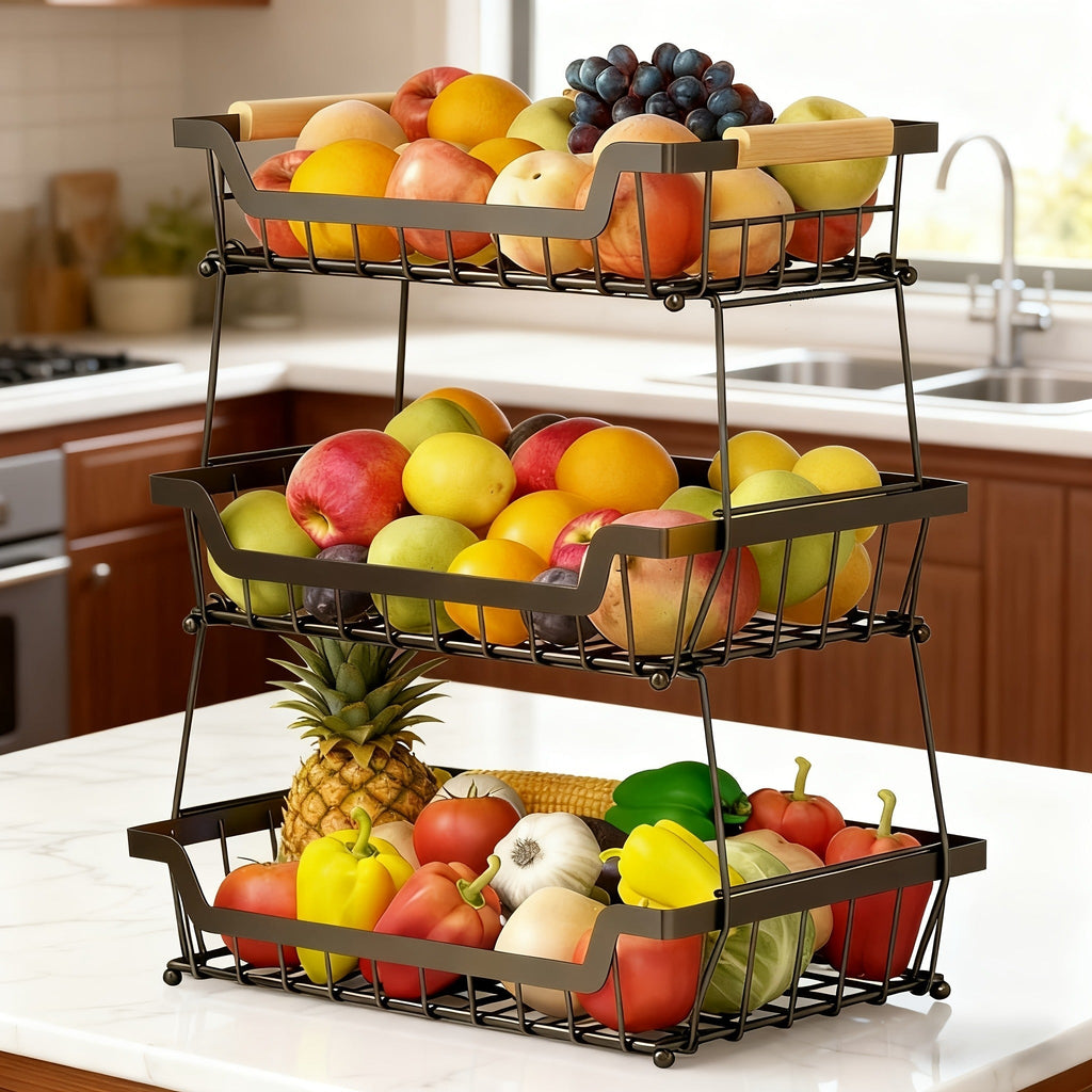 Tiered Fruit Basket Kitchen Organizer with Banana Hook, Removable 2 or 3 Metal Baskets and Wood Handle — image 3