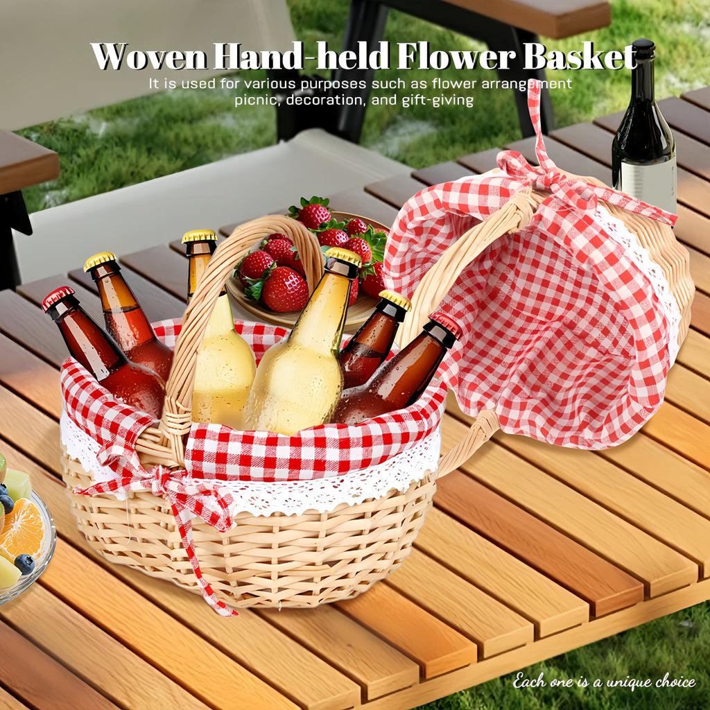 Large Wicker Picnic Basket with Split Lid, Central Carry Handle and Red Checkered Textile Lining — image 2