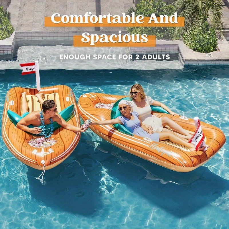 Pool Float Boat-Shaped Two-Person Raft, Over Eight Feet with Built-In Cooler, Two Handles and Tow Point — image 2