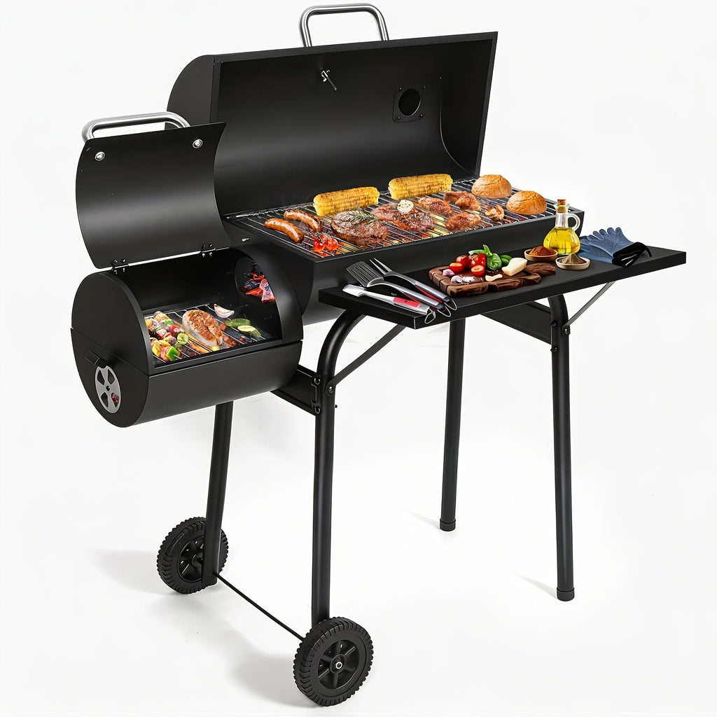 Barrel Charcoal Grill with Offset Smoker, Wheeled Cart, Side Firebox and Two Black Configuration Options — image 1