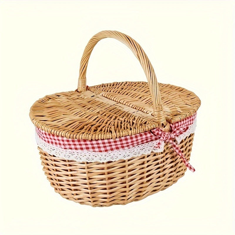 Willow Picnic Hamper Basket with Hinged Lid, Carry Handle and Red Checkered Textile Lining — image 2