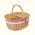 Willow Picnic Hamper Basket with Hinged Lid, Carry Handle and Red Checkered Textile Lining — image 1